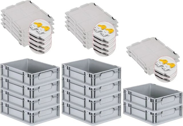 PROREGAL Spar Set 10x Eurobox Nextgen Economy mit Scharnierdeckel und gelben Schiebeschnappverschlüssen, Grau, H x B x T: 12 x 30 x 40 cm, 11 Liter - Bild 1