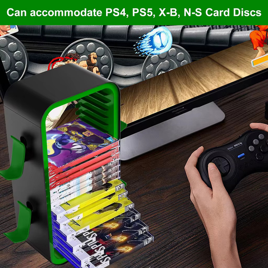 LinYuvo Spiele-Aufbewahrungsturm für PS4, PS5, Xbox, Nintendo Switch und Blu-Ray in Schwarz-Grün mit Platz für 18 Discs - Bild 3