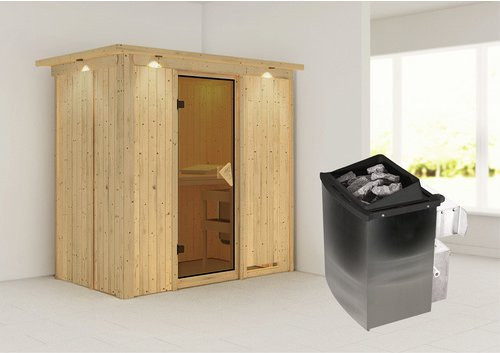 Karibu Sauna Pärnu aus Fichtenholz in Beige inklusive 9 kW Saunaofen mit integrierter Steuerung für 2 Personen, B/T/H: 210 x 132 x 202 cm - Bild 1