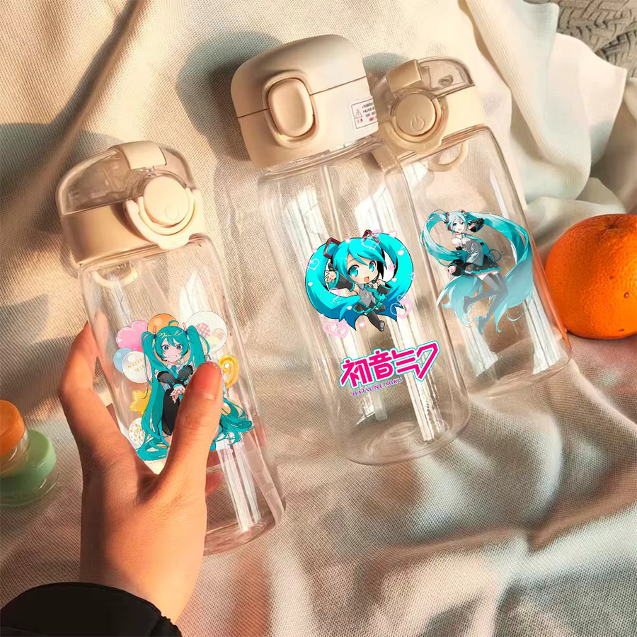 Bandai Hatsune Miku Trinkflasche mit Strohhalm, transparent, 400 ml - Bild 1
