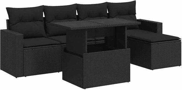 vidaXL 6-teilige Garten-Sofagarnitur aus Poly-Rattan mit Kissen in Schwarz - Bild 1