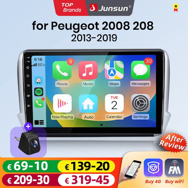 Junsun Android Auto Autoradio mit 10.0 Zoll IPS Touchscreen und Wireless Apple CarPlay für Peugeot 2008 und 208 in Schwarz - Bild 1