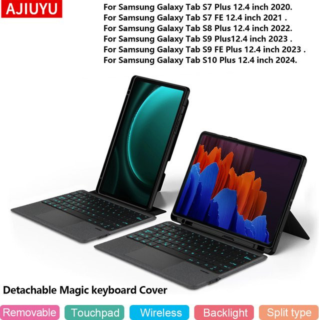 AJIUYU Tastaturhülle für Samsung Galaxy Tab S10 Plus, S9 FE Plus, S8 Plus, S7 FE und S7 Plus 12,4 Zoll mit abnehmbarem Touchpad und Hintergrundbeleuchtung in Schwarz - Bild 1