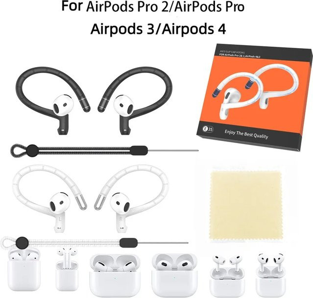 Memory-Draht-Ohrbügel mit Anti-Verlust-Band für Apple AirPods Pro 1, 2 sowie AirPods 3 und 4 in Schwarz - Bild 1