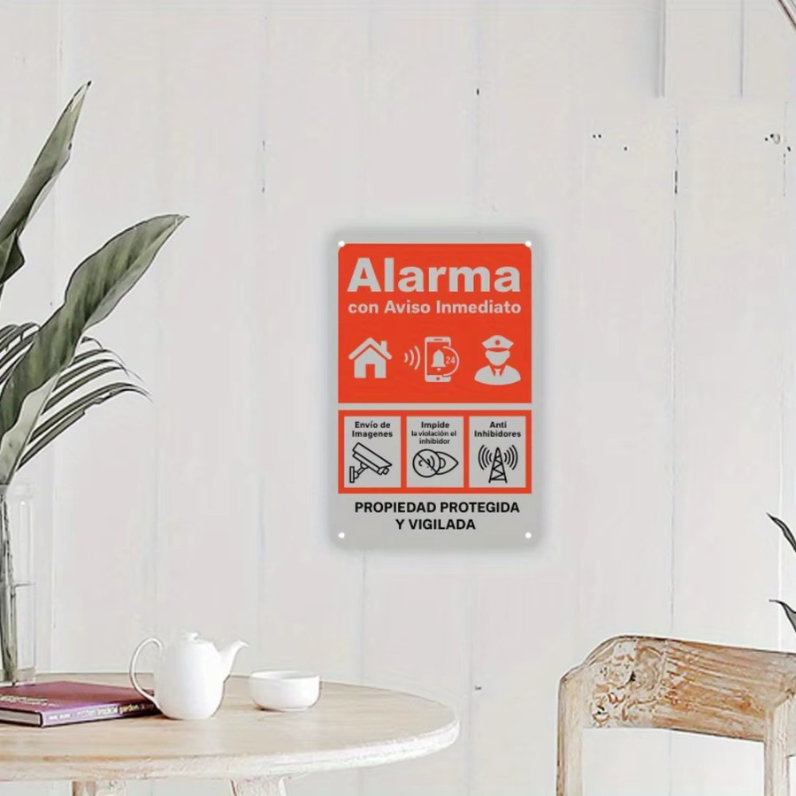 CIFBUY 2D Flaches Metallschild Zweisprachige Sicherheitswarnung mit Einbruch- und Feuer-Symbolen für Zuhause, Büro, Café oder Bauernhof B/H: 19,81 x 20 cm - Bild 2