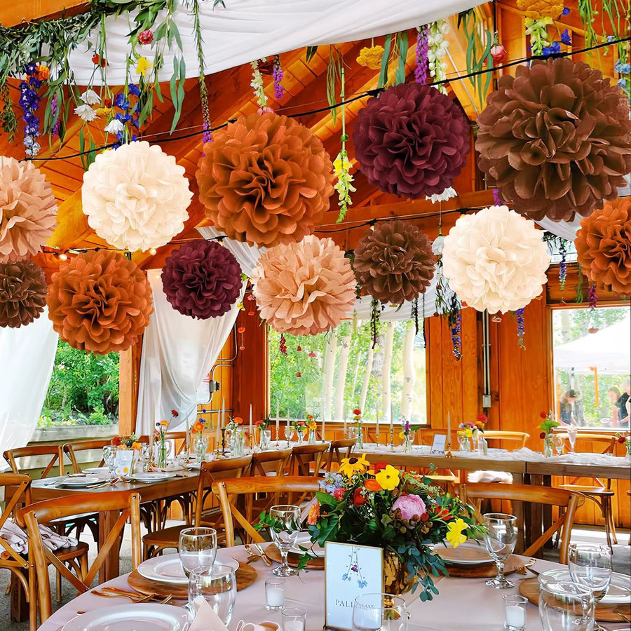 20 Stück Seidenpapier-Pompons als hängende Papierblumenkugeln in Burgunderrot, Orange und Braun für deine Party-Dekoration - Bild 6