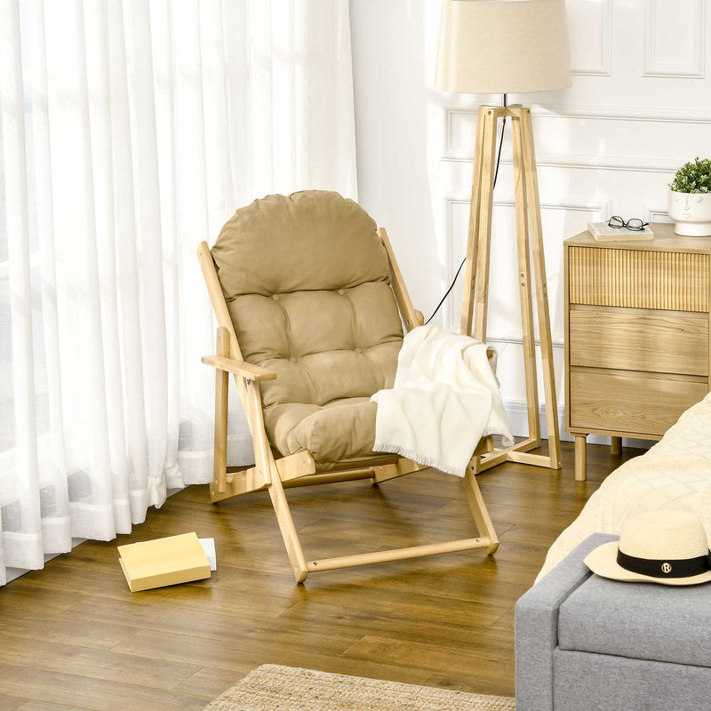HOMCOM Relaxsessel klappbar aus Buchenholz mit Leinenoptik in Braun, B/T/H: 71 x 89 x 96 cm - Bild 2