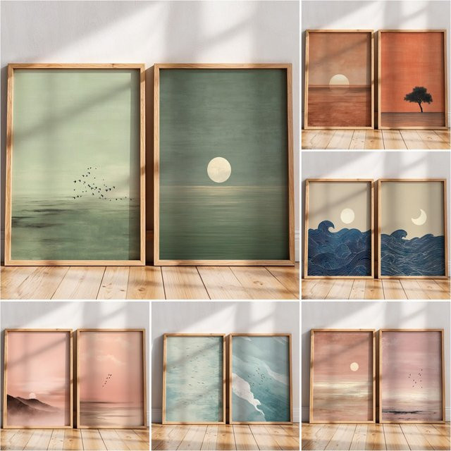 YITONGKE Japandi Wandkunst Minimalistischer Rosa Sonnenuntergangsdruck Abstraktes Landschaftskunstwerk in Erdtönen - Bild 1
