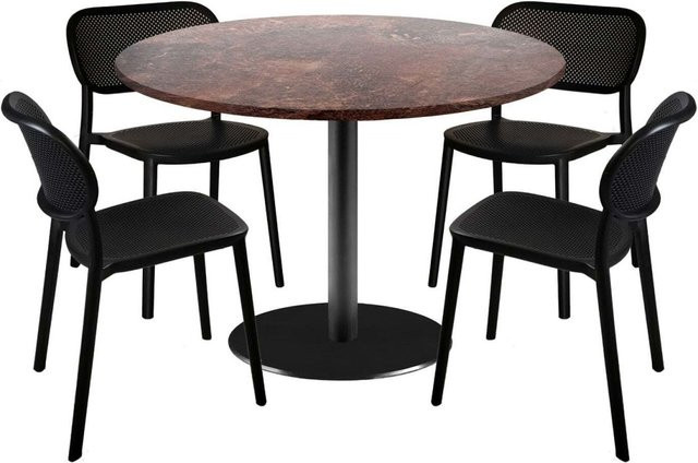 RestooTab Esstisch-Set Rome XL mit 4 Stühlen in Dekor Stein, rund, Farbe Braun/Schwarz, B/T/H: 120 x 120 x 75 cm - Bild 1