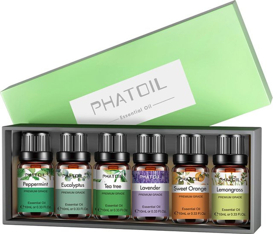 PHATOIL 6-teiliges Set ätherische Öle für Diffusor-Kerzen, 10 ml pro Flasche, Lavendel, Eukalyptus, Pfefferminze, Teebaum, süße Orange und Zitronengras, Glas, mehrfarbig - Bild 1