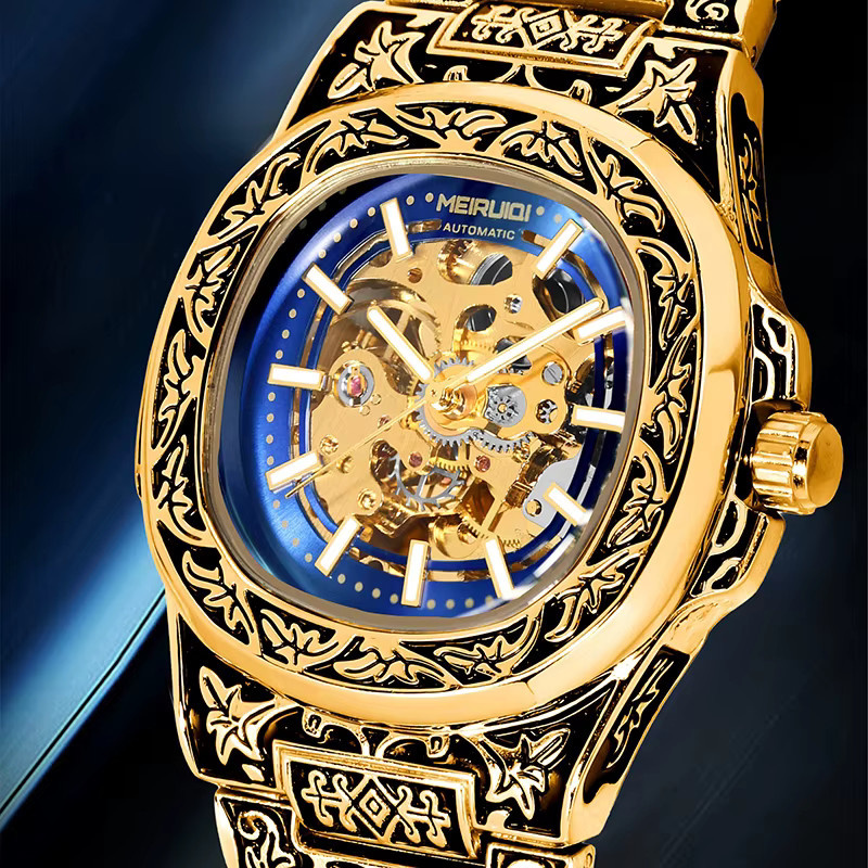 MEIRUIQI Armbanduhr Automatik, Edelstahl, Gold, Blau, Herren - Bild 3