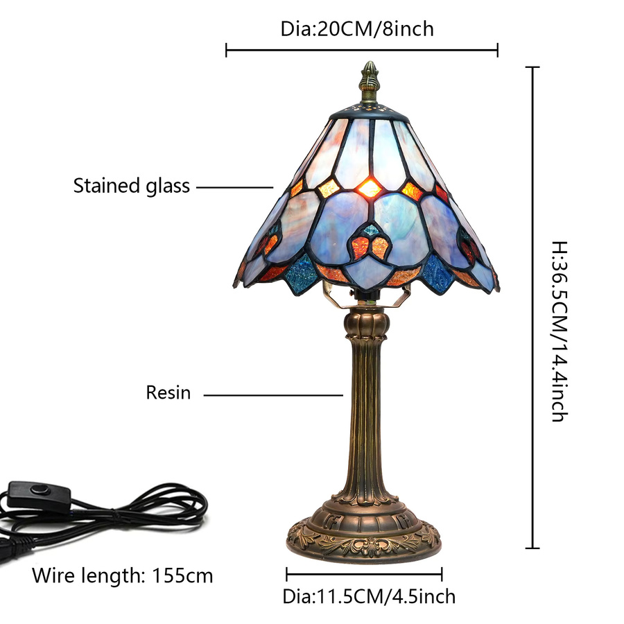 Buntglas-Tischlampe im Barock-Stil mit blauem Glasschirm und Bronze-Sockel, Höhe: 36,5 cm, Breite: 20,3 cm - Bild 2