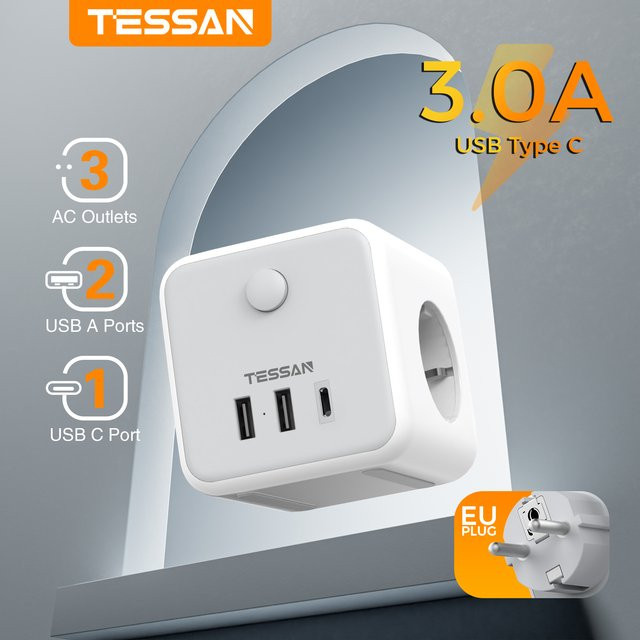 TESSAN Power Cube Mehrfachsteckdosenadapter mit 3 Steckdosen und 3 USB-Anschlüssen in Grau oder Weiß mit Überlastschutz - Bild 1
