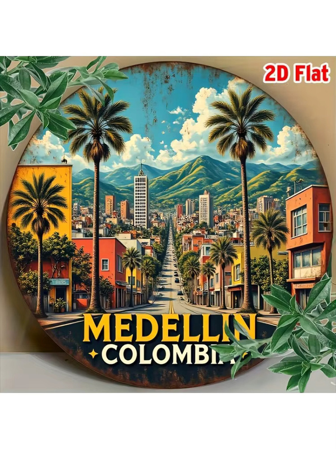 Potdemiel Vintage Wandkunst Medellin Kolumbien Rundes Aluminiumschild Bunt mit Stadtbild Palmen und Bergen Durchmesser: 20 cm - Bild 5