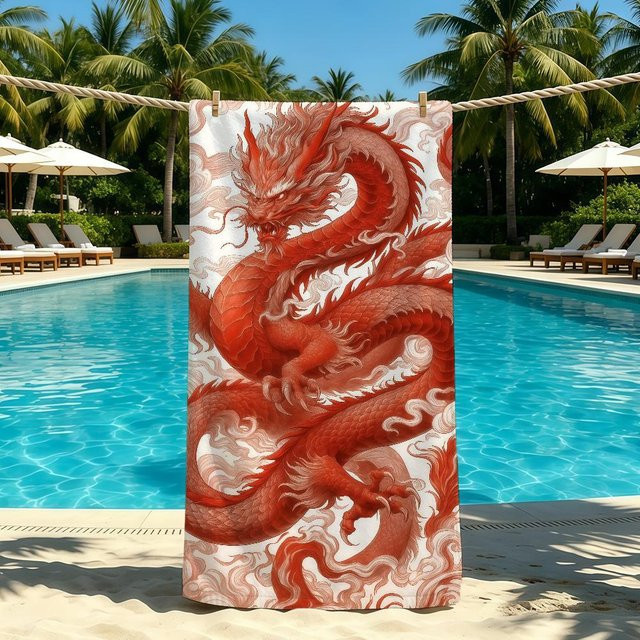 JMG Household Supplies Saugfähiges Strandhandtuch mit Orientalischem Drachen Design, Rot, Breite: 40 cm, Höhe: 70 cm - Bild 1
