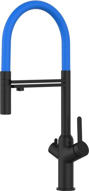 VIZIO 4-Wege Küchenarmatur mit 360 Grad schwenkbarem Auslauf und abnehmbarer 2-Strahl Handbrause in Schwarz Matt und Hellblau - Bild 1