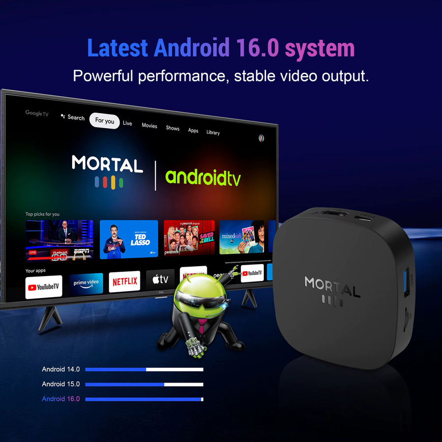 Mortal Smart TV Box Android 16 ATV mit 8GB RAM und 128GB Speicher, 8K Video Unterstützung, RK3518 Prozessor, Google Assistant Sprachsteuerung und 4K HDR10, Schwarz - Bild 2