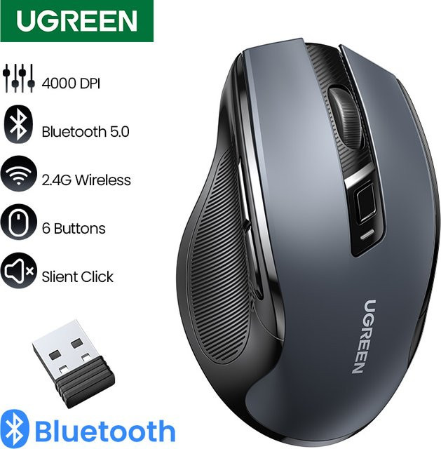 UGREEN Ergonomische Bluetooth 5.0 Maus mit 4000 DPI und 6 Stummen Tasten in Schwarz für Laptop, Tablet und PC - Bild 1