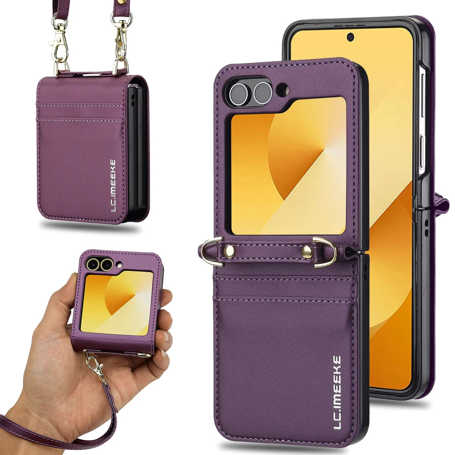 Leder Crossbody-Kartenetui für Samsung Galaxy Z Flip 8 7 FE 6 5 4 3 5G mit Handschlaufe und Lanyard-Tasche in Braun und Lila - Bild 2