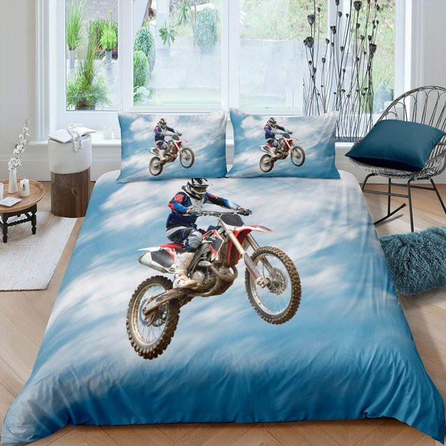 Motocross Bettwäscheset von Binchi Outdoor Product in Blau, bestehend aus Bettbezug und Kissenbezug, Material Mikrofaser Polyester, B/T: 264 x 228 cm - Bild 1