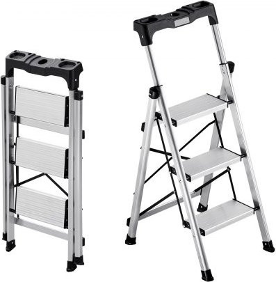 VEVOR 3-Stufen Trittleiter aus Aluminium in Silber oder Schwarz, klappbare Stehleiter mit Anti-Rutsch-Stufen, Handgriff und Ablage, Tragkraft 150 kg - Bild 1