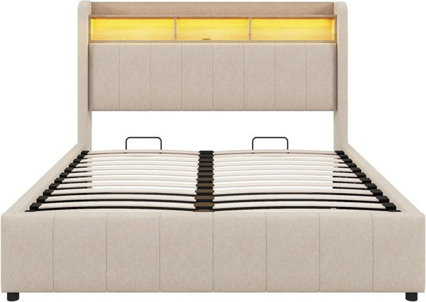 KOMHTOM Polsterbett mit hydraulischem Stauraum und USB-Ladeport, Leinenstoff, Beige, B/T/H: 160 x 200 x 111 cm