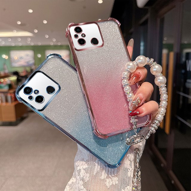 Stoßfeste TPU-Handyhülle mit Gradient Glitter und Perlenketten-Handschlaufenband für Xiaomi Redmi 12C, 11A und Poco C55 4G in Pink - Bild 1