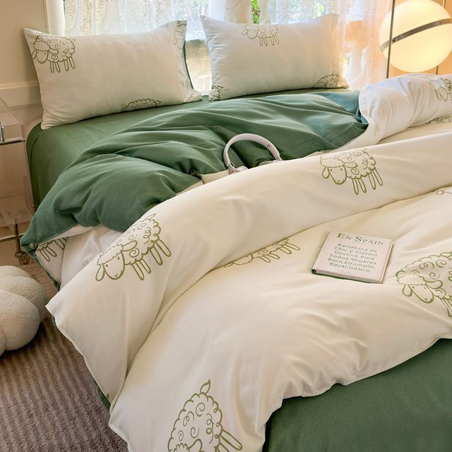 Mystybloom Bettwäsche-Set mit Schafmuster, 4-teilig aus Polyester, Grün/Weiß, B/H: 180 x 220 cm - Bild 1