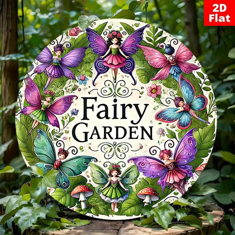 Potdemiel Aluminium-Wandkunst Fairy Garden mit Landfee, Schmetterlingen und Pilzen, rund, mehrfarbig, B/H: 20 x 20 cm - Bild 2