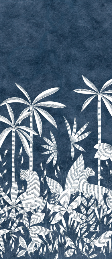 Isidore Leroy Wandtapete Paradis Des Tigres Nocturne in Blau mit Tiermotiv und botanischem Design, B/H: 330 x 50 cm - Bild 1