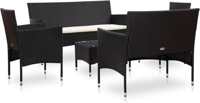 vidaXL 5-tlg Garten-Lounge-Set aus Poly Rattan und Metall in Schwarz mit Auflagen und Glas-Couchtisch - Bild 1