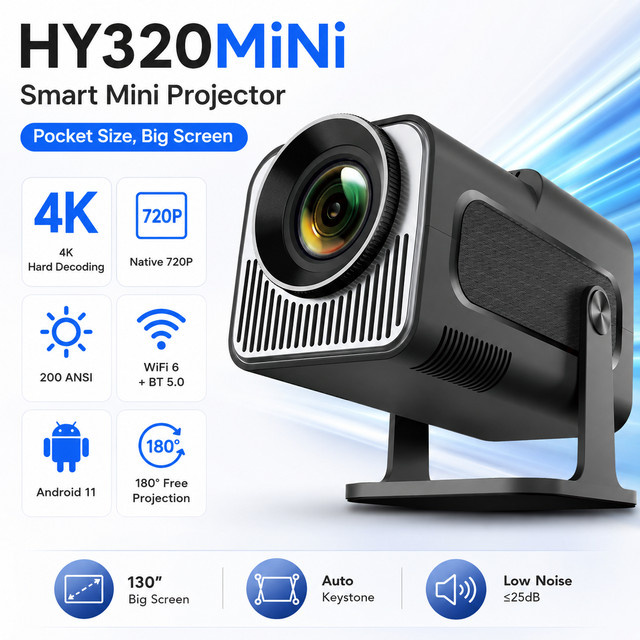 ZNLYRION HY320 Mini-Projektor in Schwarz mit 4K-Unterstützung, Android 11 Smart-Betriebssystem, Dual-Band Wi-Fi 6 und Bluetooth 5.0 - Bild 1