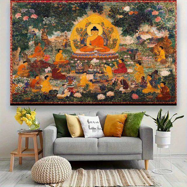 Vikama Wandteppich Vibrant Buddha mit floralem und orientalischem Design, Mehrfarbig - Bild 1
