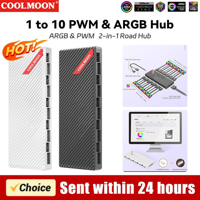 ATUOTIN PWM und ARGB Lüfter-Controller in Weiß, 4-poliger PWM-Hub und 3-poliger adressierbarer ARGB-Adapter mit SATA-Anschluss für bis zu 10 Gehäuselüfter - Bild 1