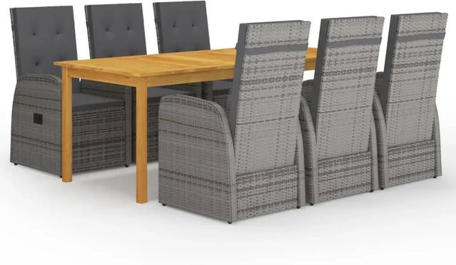 vidaXL 7-teilige Garten-Essgruppe aus Polyrattan mit Kissen in Grau - Bild 1