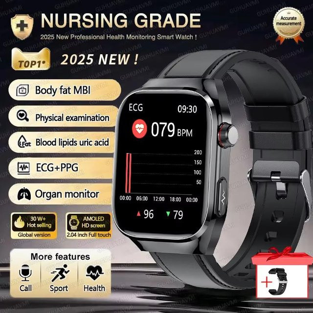 Smartwatch für Herren mit EKG, PPG Herzfrequenz, Blutfett- und Harnsäure-Überwachung sowie Bluetooth-Anruffunktion in Schwarz mit Lederarmband - Bild 1