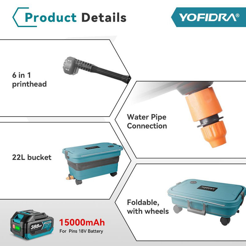 YOFIDRA 6 in 1 Hochdruck Autowaschpistole Set mit 22L faltbarem Wassertank, 5 m Wasserschlauch und 2 Akkus für Makita 18V - Bild 6