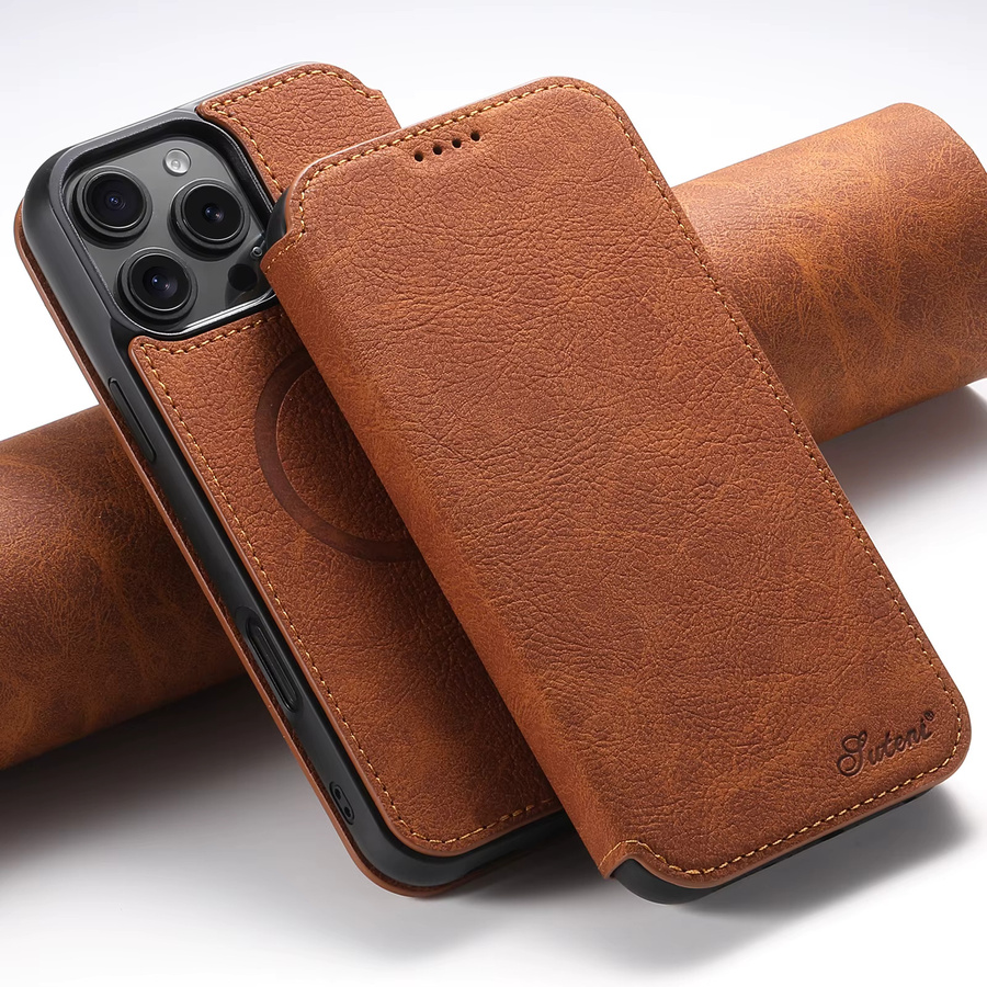 Suteni Flip-Cover Telefonhülle aus Kunstleder mit Kartenhalter und Ständer für iPhone 17 Pro Max 16 Plus 15 14 13 12 in Beige und Braun - Bild 2