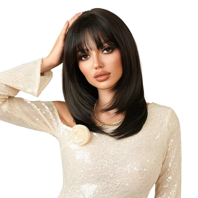 7JHH WIGS Perücke für Damen, schulterlang, glatt, dunkelbraun, synthetisch - Bild 6