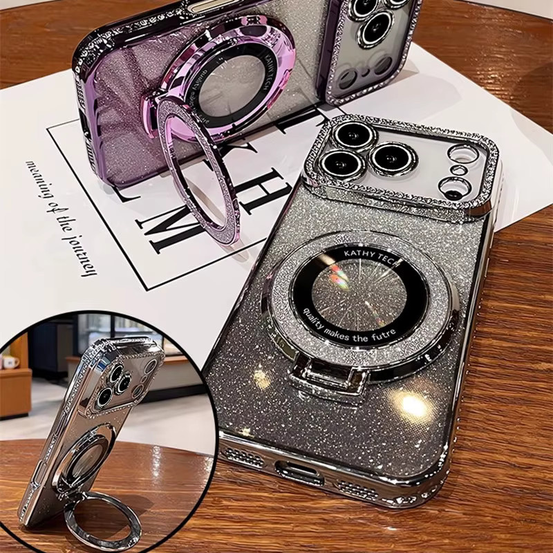 Glitzernde Magnetständerhülle für Apple iPhone 16 und 15 Plus in Schwarz oder Silber mit Premium-Schutz und Full-Coverage - Bild 1