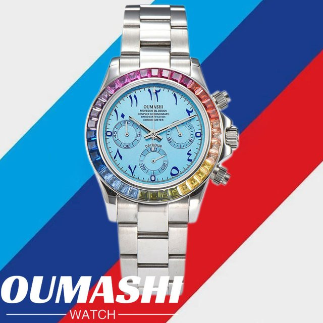 OUMASHI Chronograph, Regenbogen Lünette, Quarz, Edelstahl, 10 ATM, Herren - Bild 1