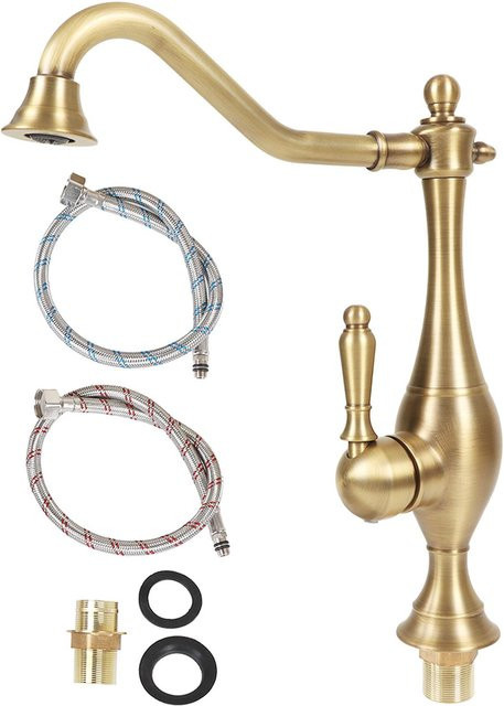 Aimo Badezimmer Waschbecken Armatur aus Messing mit zwei Griffen und drehbarem Auslauf in Beige und Gold - Bild 1