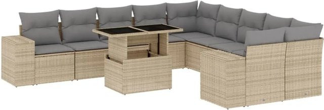 vidaXL 11-tlg. Garten-Sofagarnitur in U-Form aus beigem Poly-Rattan mit Kissen und pulverbeschichtetem Stahlgestell - Bild 1