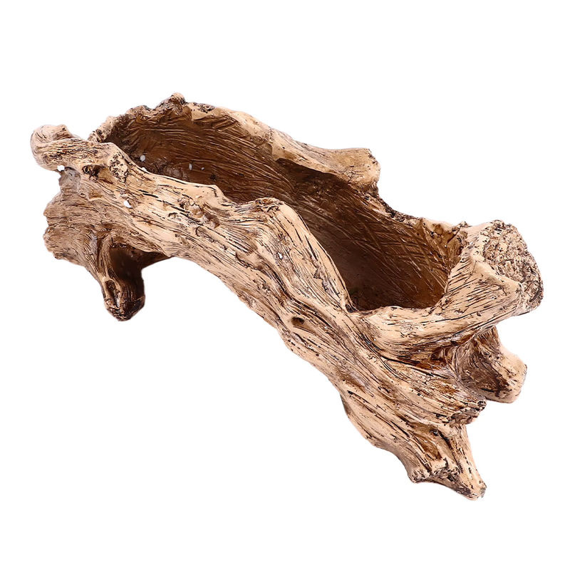 Qiilu Pflanztopf in rustikaler Treibholz-Optik aus Kunstharz und Holz, braun, unregelmäßige Form mit Drainageloch - Bild 2