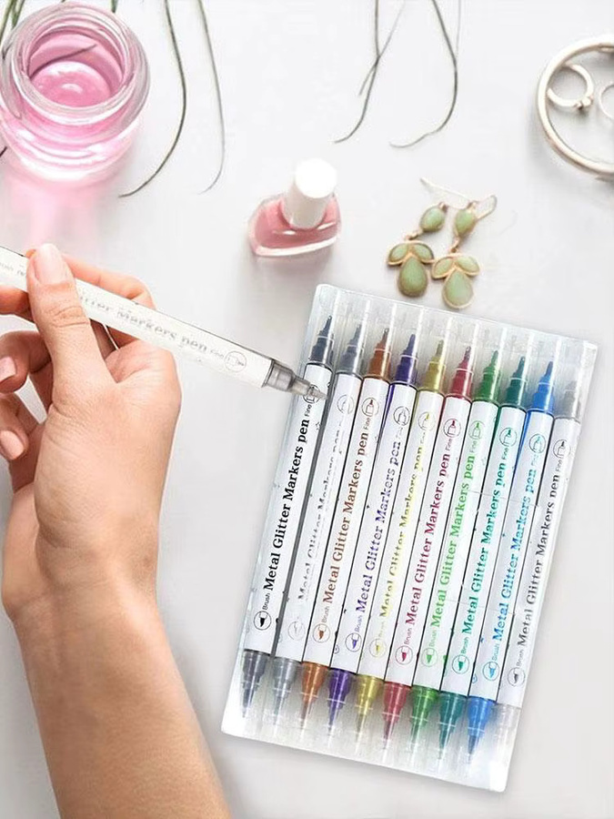 10 Acryl Marker Stifte mit Dual Tip in metallischen Farben für Nageldesign, Rockmalerei und Keramik DIY - Bild 6