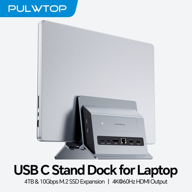 PULWTOP Vertikale USB-C-Dockingstation mit M.2 NVMe SSD-Gehäuse, HDMI, USB-A/C, RJ45 und SD/TF-Slot für MacBook Pro/Air und Typ-C-Laptops - Bild 1