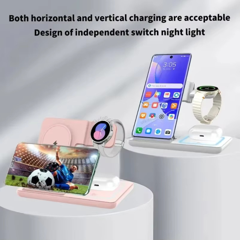 VIKEFON 3-in-1 Wireless Schnellladestation für Samsung Galaxy S24 S23, Galaxy Watch und Buds Pro in Schwarz und Pink - Bild 2