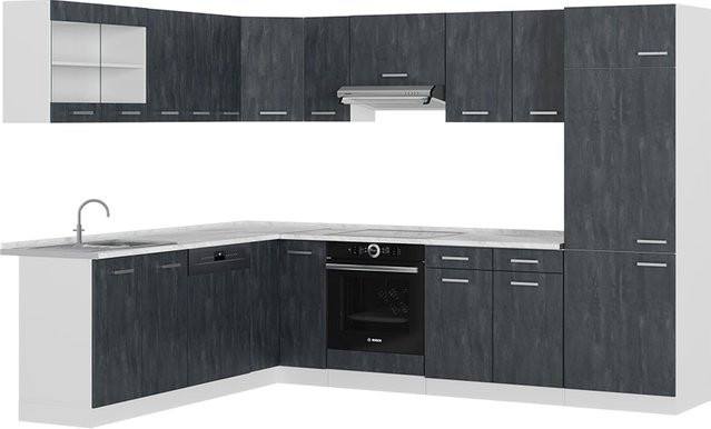 Vicco R-Line Eckküche in L-Form, Schwarz Beton und Weiß, mit Arbeitsplatte in Weiß Marmor, B/T/H: 287 x 227 x 60 cm - Bild 1
