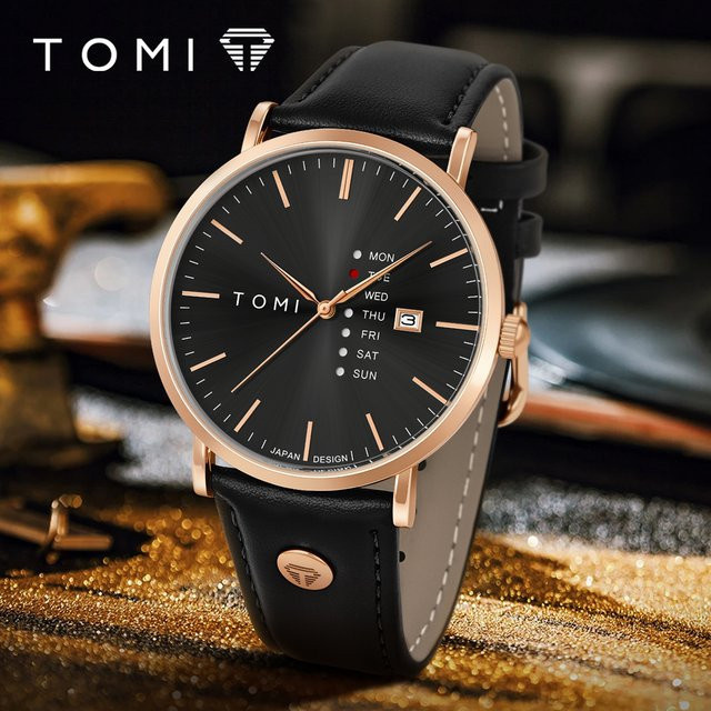 TOMI Armbanduhr, Quarz, Lederarmband, Wochentag, Schwarz, Herren - Bild 1