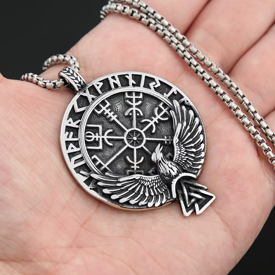 NORTHMAN Halskette, Kompass Rune Anhänger, Edelstahl, Silber, Unisex, Vintage - Bild 2